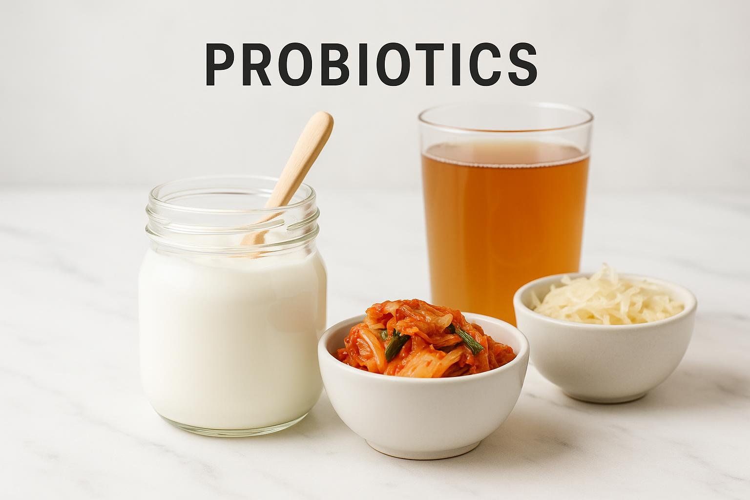 An arrangement of probiotic-rich foods including yogurt, kimchi, and kombucha, representing healthy ways to support the gut.