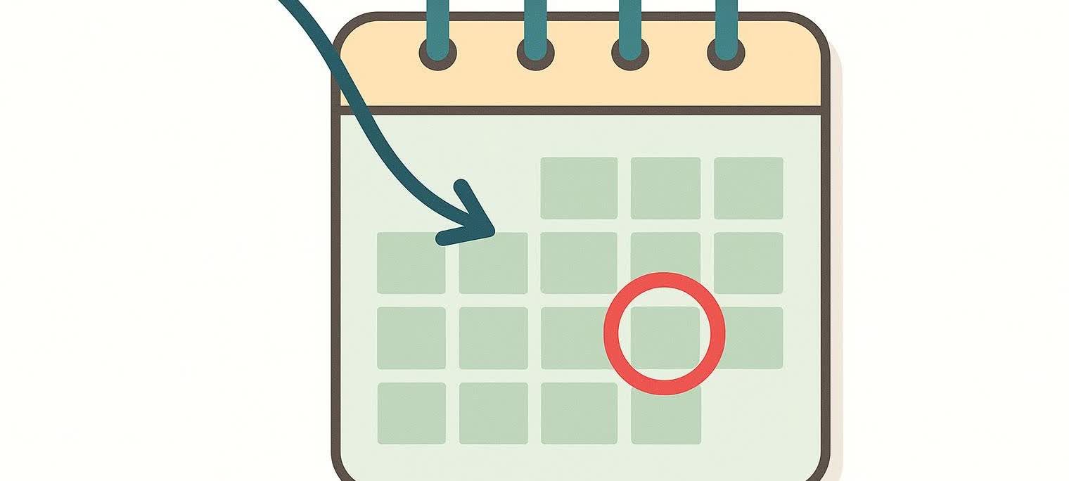 A stylized illustration of a simple calendar page, with one date circled in red. A curved teal arrow points from the top left towards the circled date, signifying a deadline or important date.