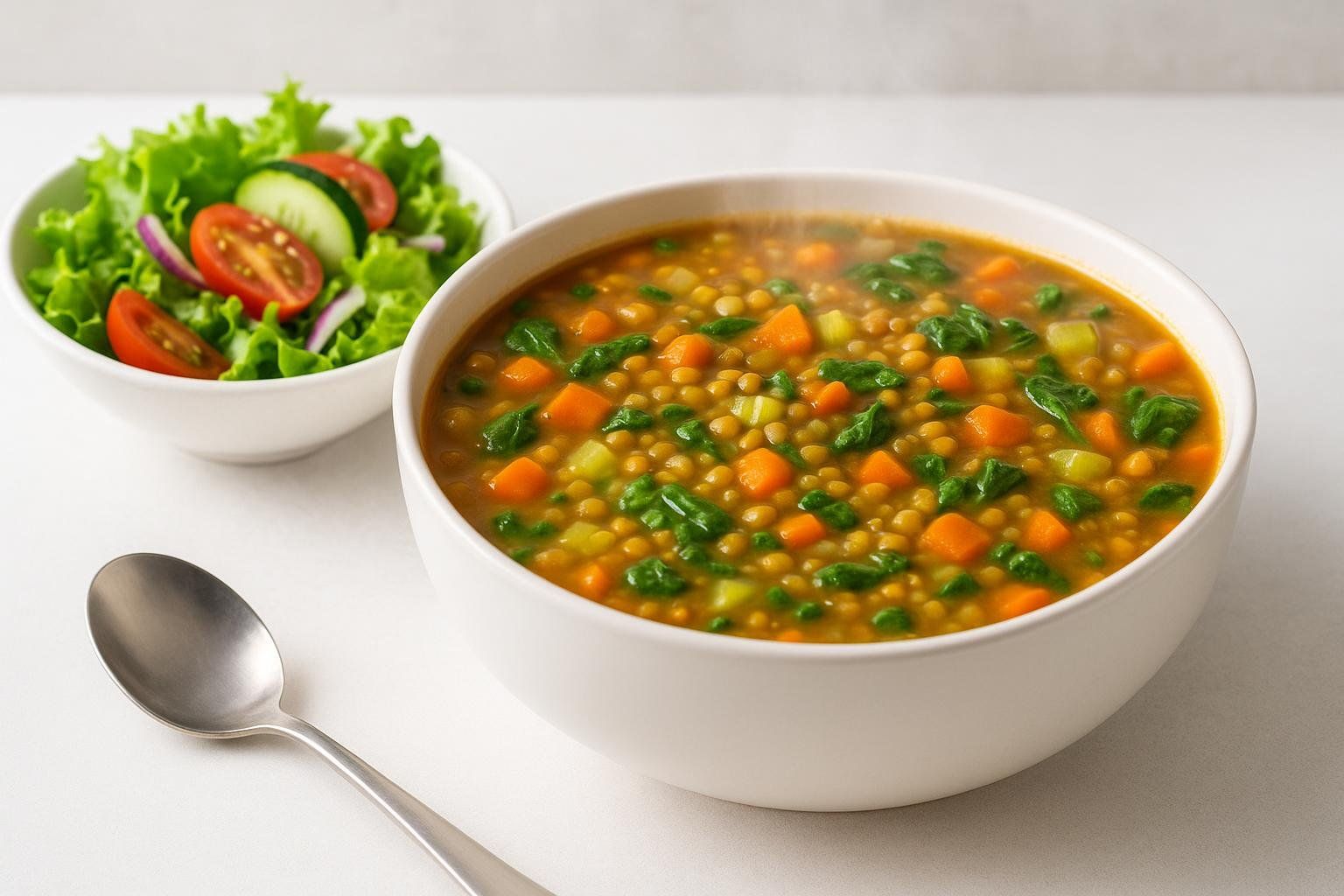 A warm bowl of lentil-vegetable soup with carrots and spinach, alongside a fresh green salad with lettuce, tomatoes, cucumbers, and red onion. A spoon rests in front of the bowl of soup.