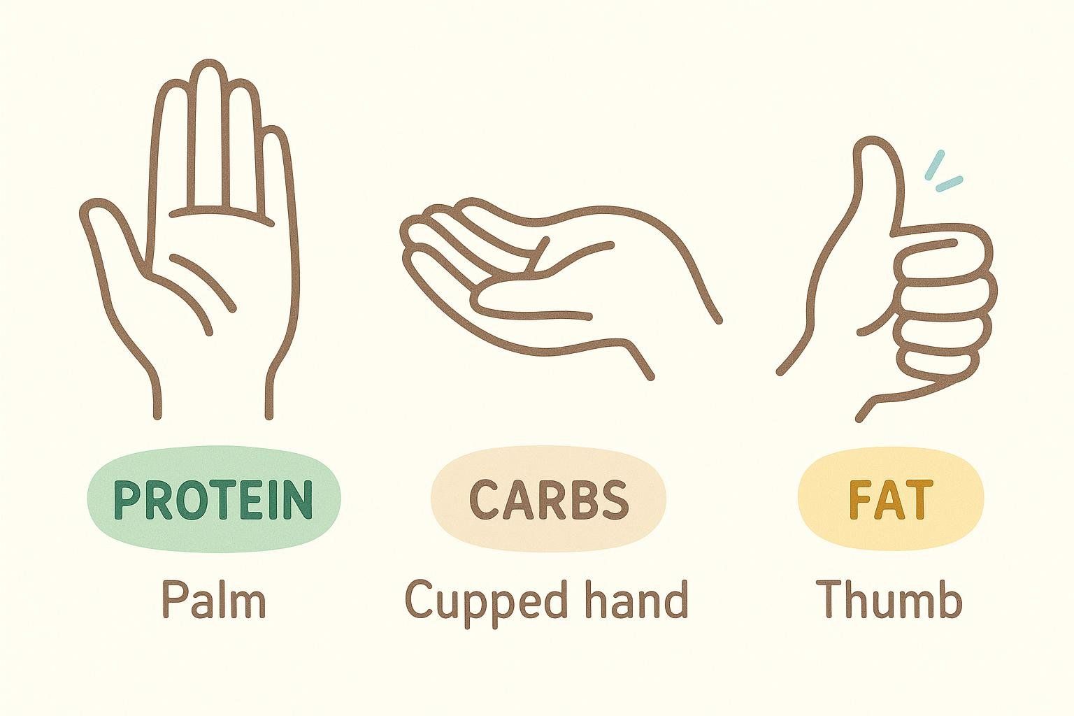 An illustration showing hand portion guides for food: a palm for protein, a cupped hand for carbs, and a thumb for fat.