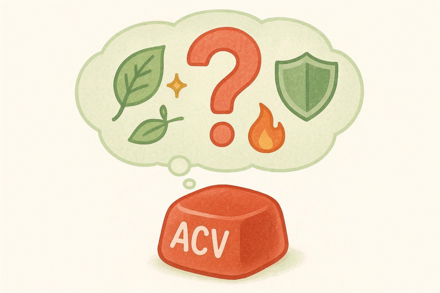An illustration of an ACV gummy with a thought bubble of overhyped claims like 'detox' and 'fat burning' being questioned.