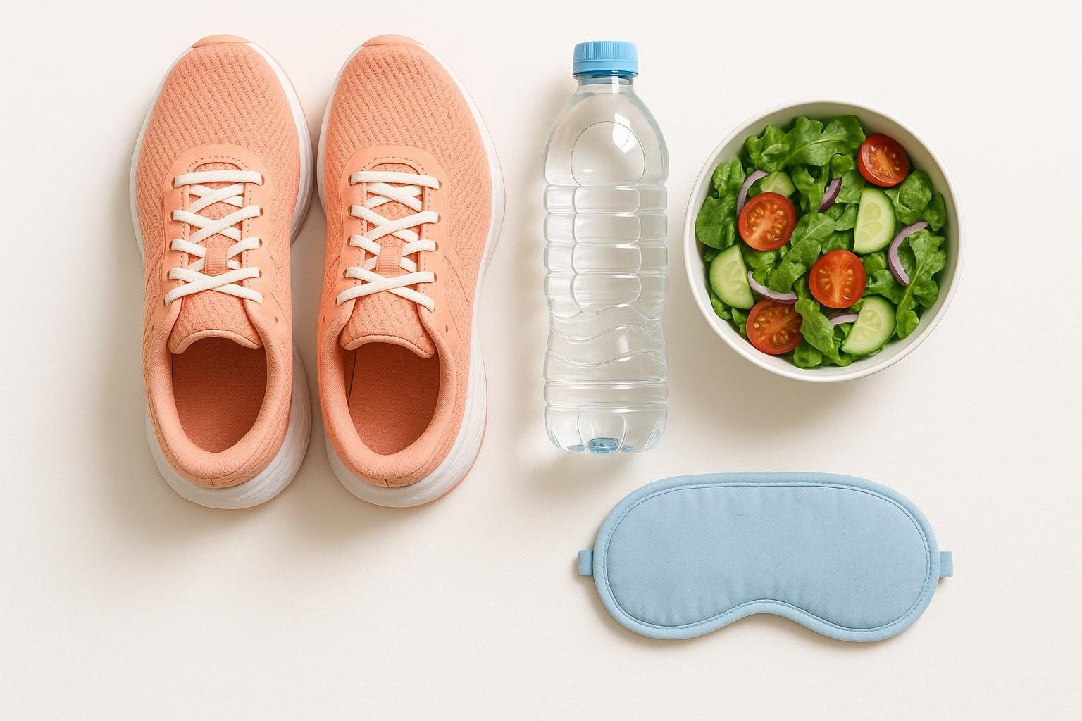 A flat lay of healthy items like sneakers, a water bottle, and a salad, representing smarter alternatives to detox teas.