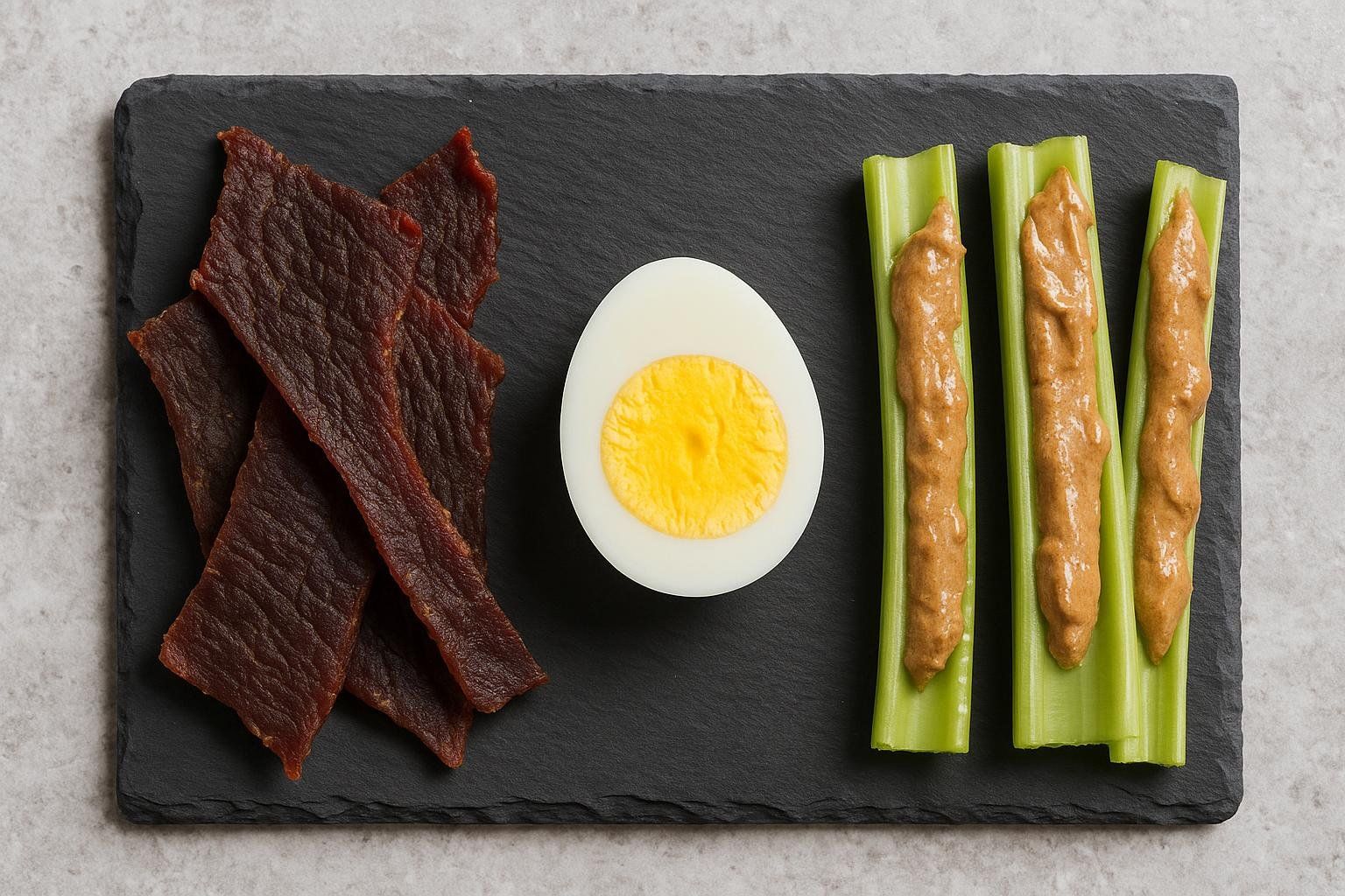 A display of popular low-carbohydrate snacks arranged on a dark-colored platter, featuring three strips of beef jerky, a halved hard-boiled egg with a bright yellow yolk, and three celery sticks filled with almond butter.