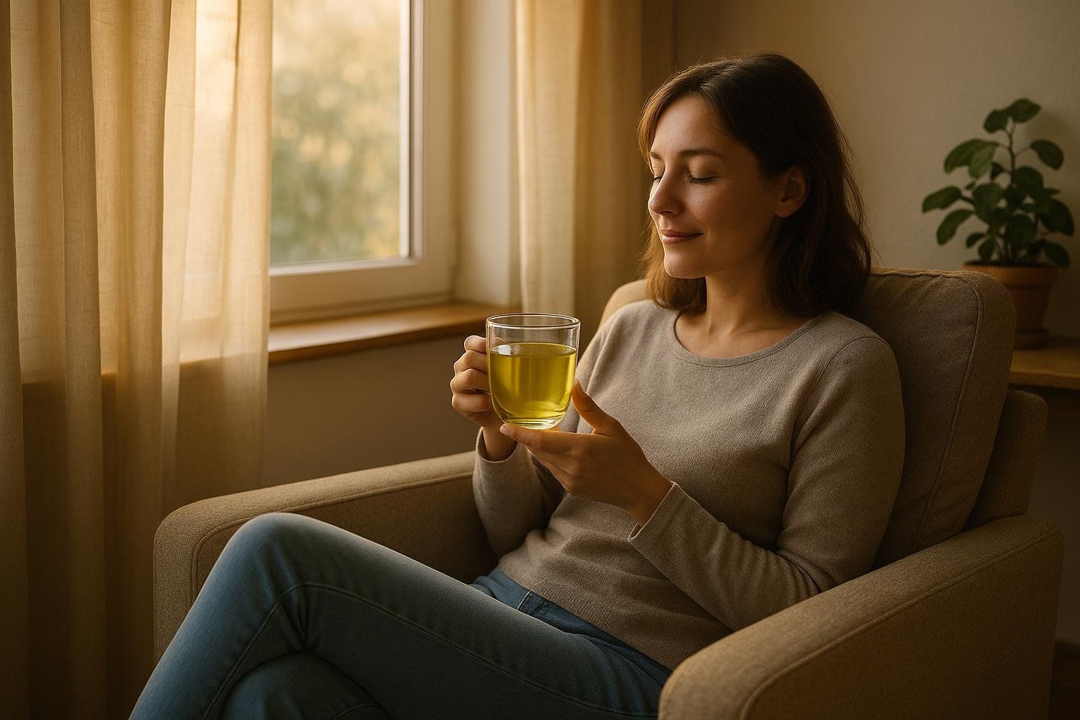 A woman with her eyes closed, smiling, enjoying a cup of green tea while sitting in an armchair by a window.