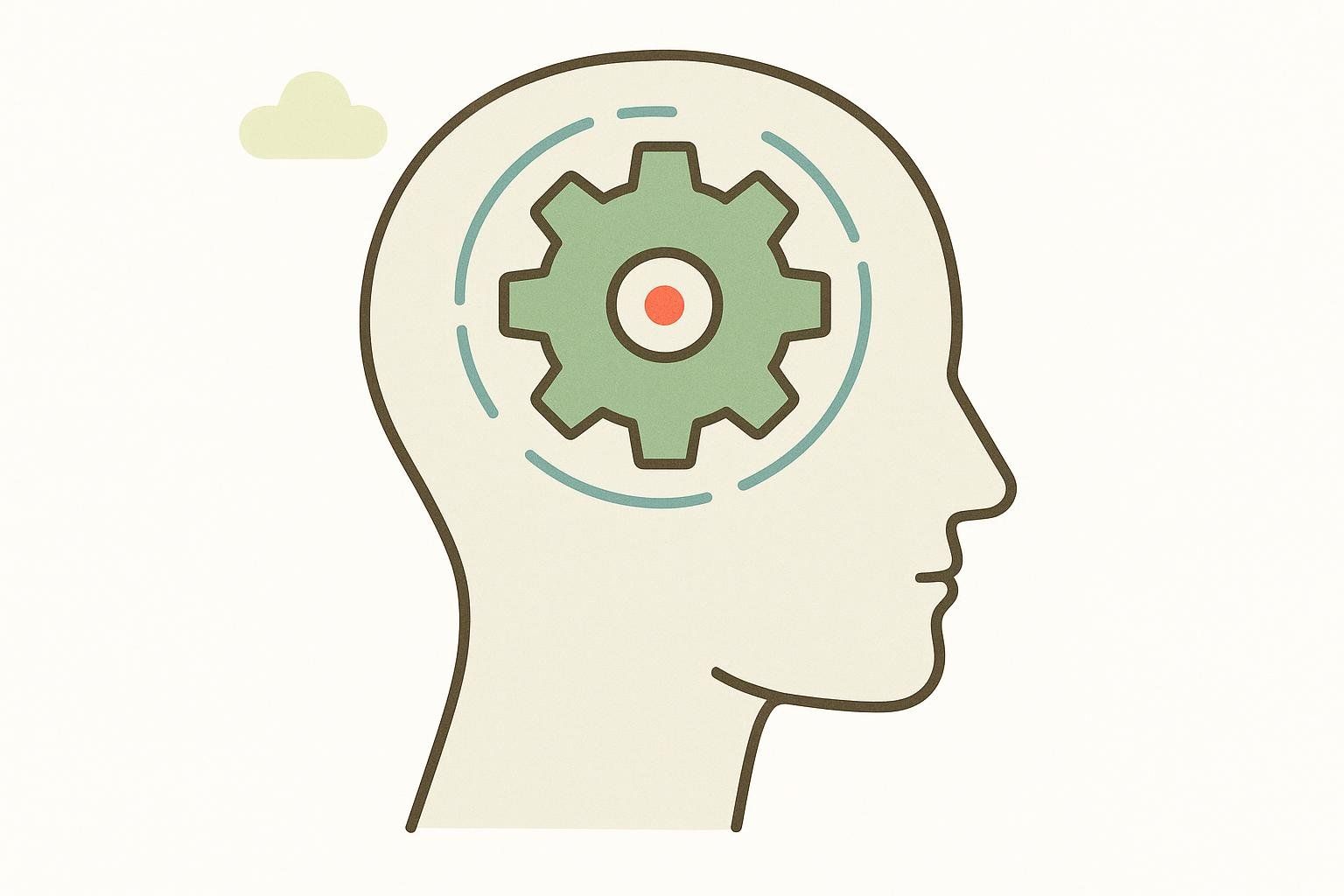 An illustration of a head in profile with a gear turning inside where the brain would be, depicting the concept of thinking, problem-solving, or mental processes. A small cloud is above the head.