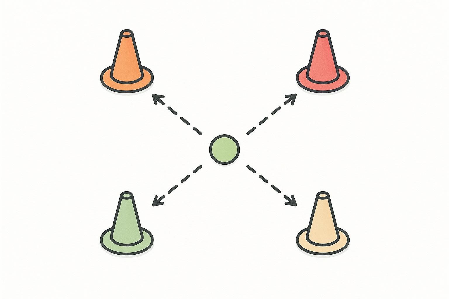 Top-down diagram of the 'Random Number Cut' drill, showing four cones in a square and a central starting point with dashed lines indicating paths to each cone.