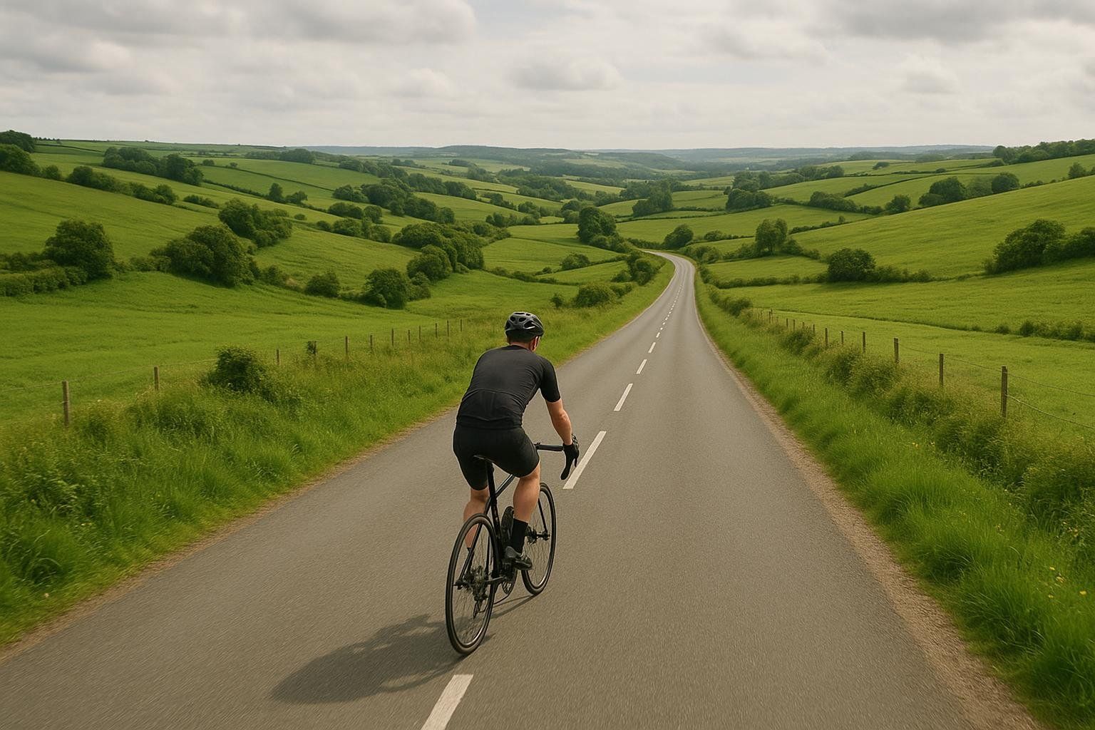 A cyclist on a long country road, representing a steady, moderate RPE pace for aerobic training.