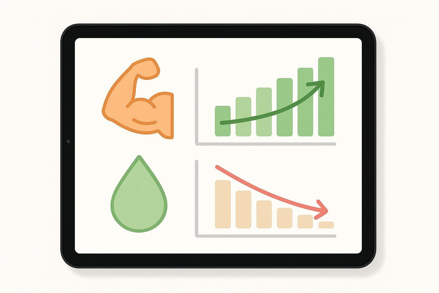 An illustration of a body composition report on a tablet, showing objective progress with muscle gain and fat loss.