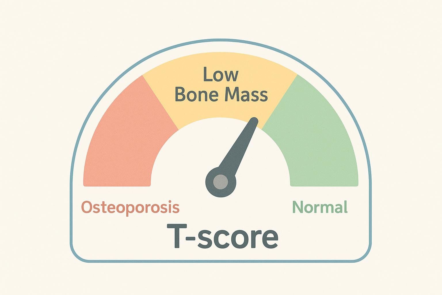 An illustration of a T-score gauge showing the ranges for normal bone density, low bone mass, and osteoporosis.