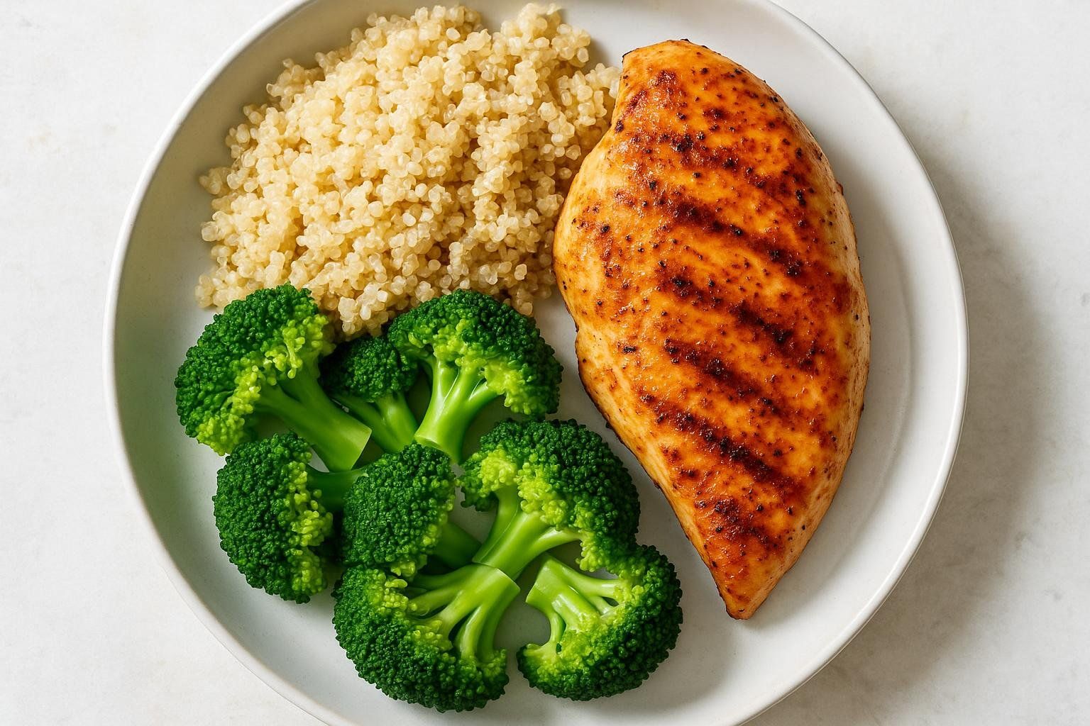 A healthy meal with grilled chicken breast, a serving of quinoa, and several florets of steamed broccoli on a round white plate.