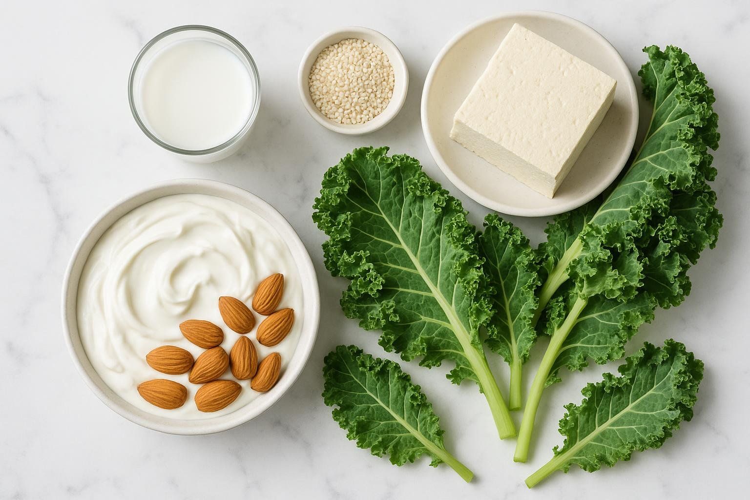 A top-down view of several calcium-rich foods arranged on a white marble surface. These include a glass of milk, a bowl of yogurt with almonds, a small dish of sesame seeds, a block of tofu on a plate, and fresh kale leaves.