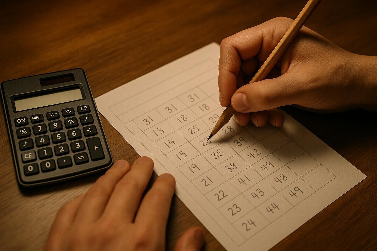 Hands writing numbers on a worksheet next to a calculator, illustrating the process of calculating a DIY healthspan score.