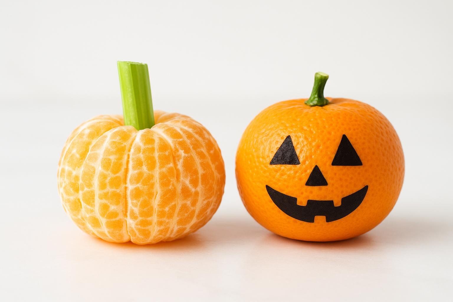 Two healthy Halloween treats made from clementines. One is partially peeled to resemble a pumpkin with a green stem, and the other is a whole clementine with a jack-o'-lantern face drawn on it.