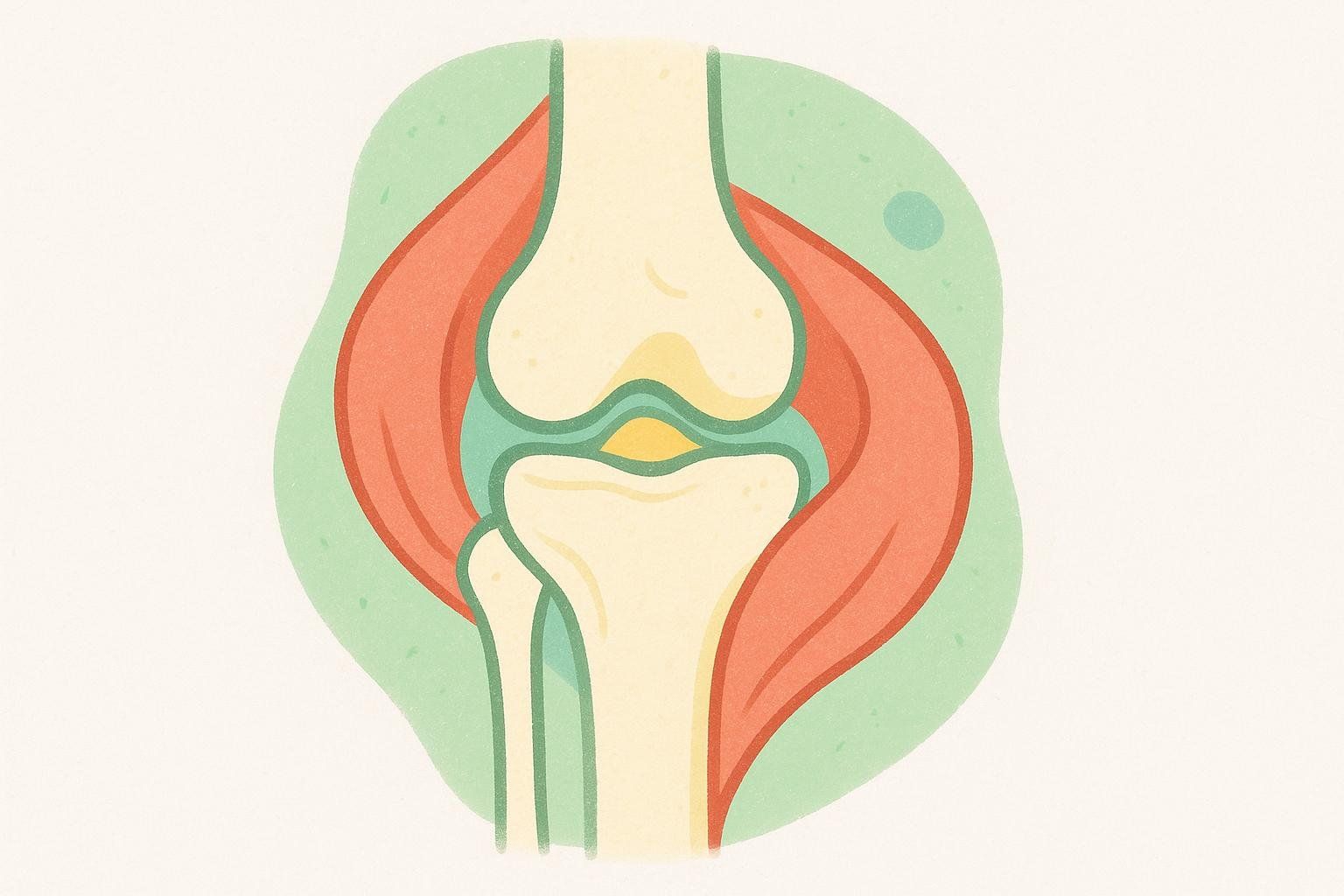 An illustration showing a knee joint with strong muscles surrounding and protecting it, symbolizing the benefits of strength training for joint health and pain prevention.
