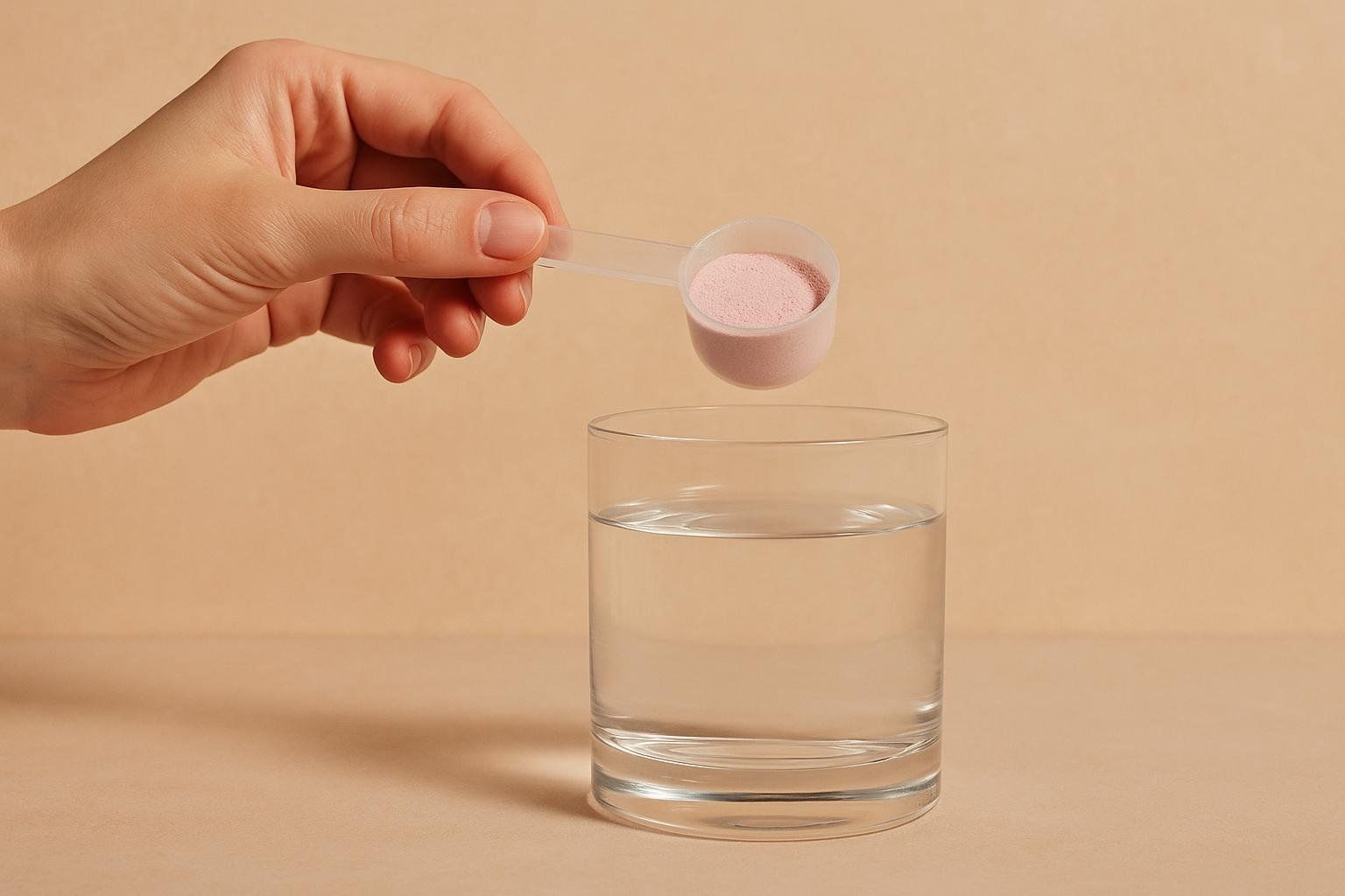 A hand holds a clear scoop with a half-measure of pink powder over a clear glass filled with water on a light brown background. The shallow scoop shows the exact amount of powder as if from a measuring device, emphasizing precise dosage.