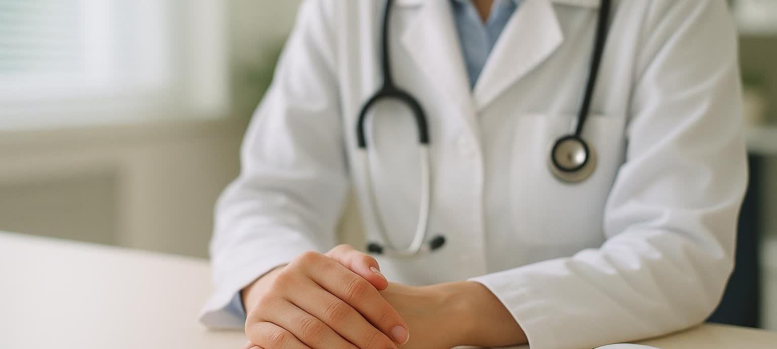 Close-up photo of a healthcare provider in a white lab coat with a stethoscope around their neck, hands clasped and resting on a desk.