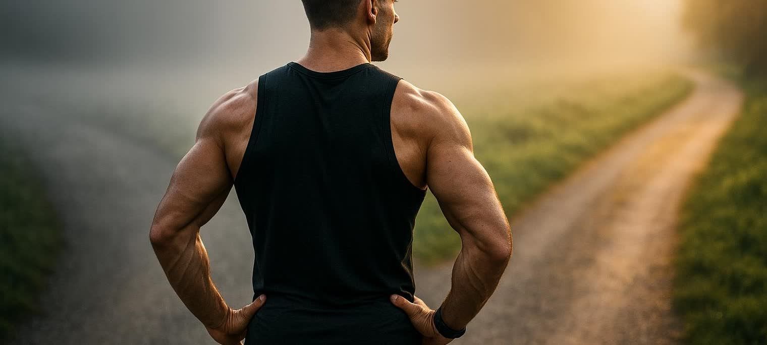 A fit person contemplates two paths, one clear and one foggy, representing the choice between safe and risky muscle-building methods.