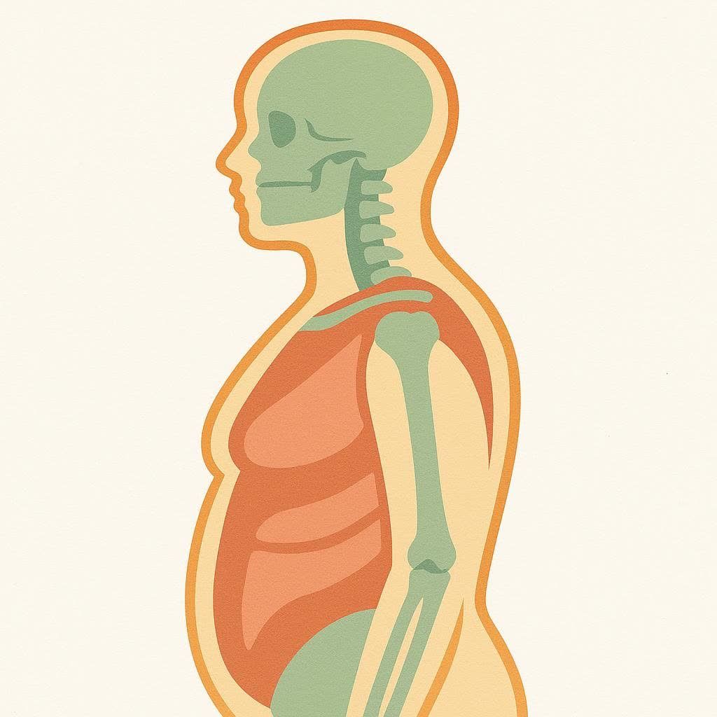 An illustration of a human torso and head in profile, showing layers of yellow skin, orange fat, and the internal green skeleton and organs. The figure has a rounded belly, indicating excess body fat.