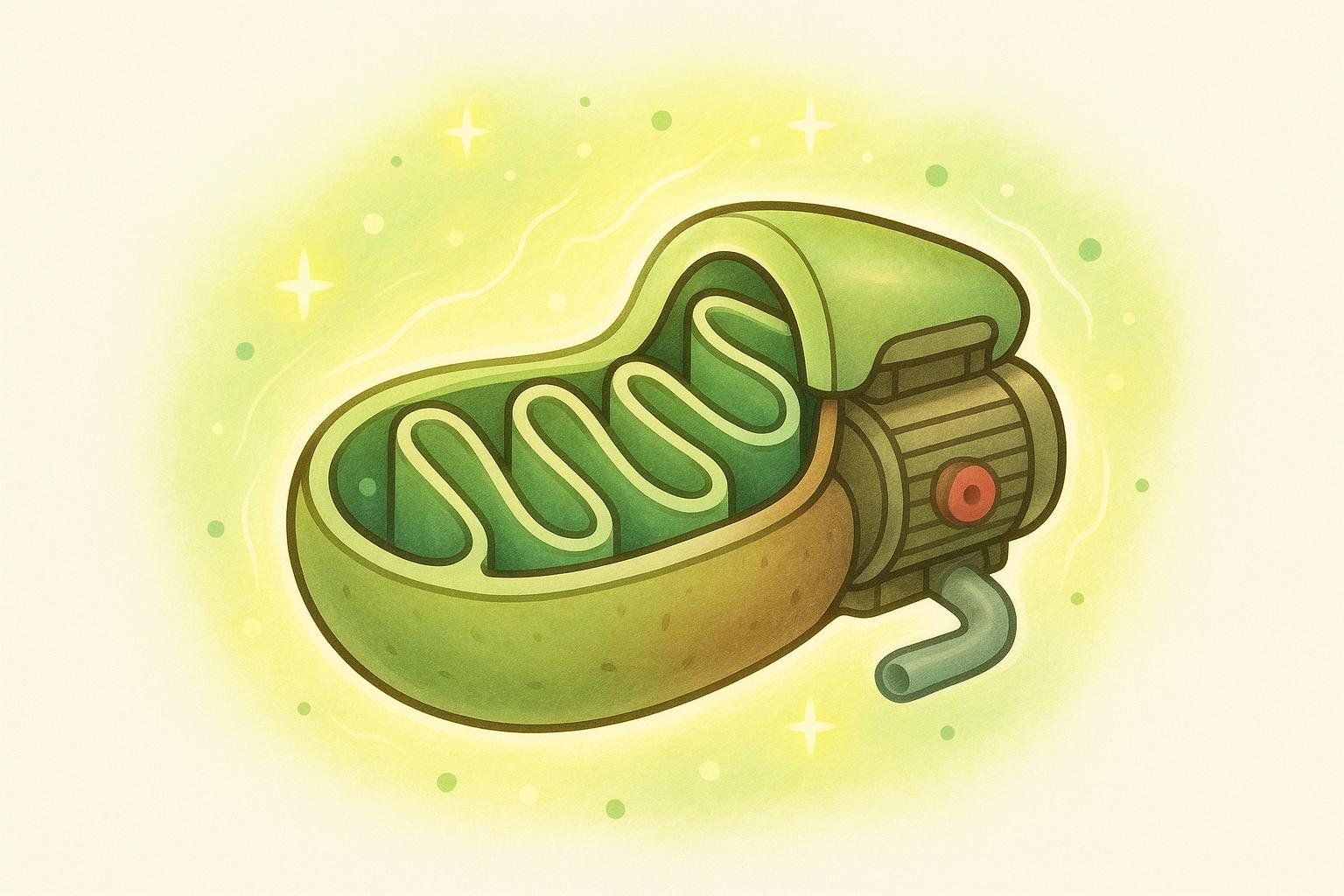 An illustration of a glowing green mitochondrion, stylized to resemble a power generator, with its internal structures depicted as wavy lines. The image represents CoQ10's role in supporting cellular energy.