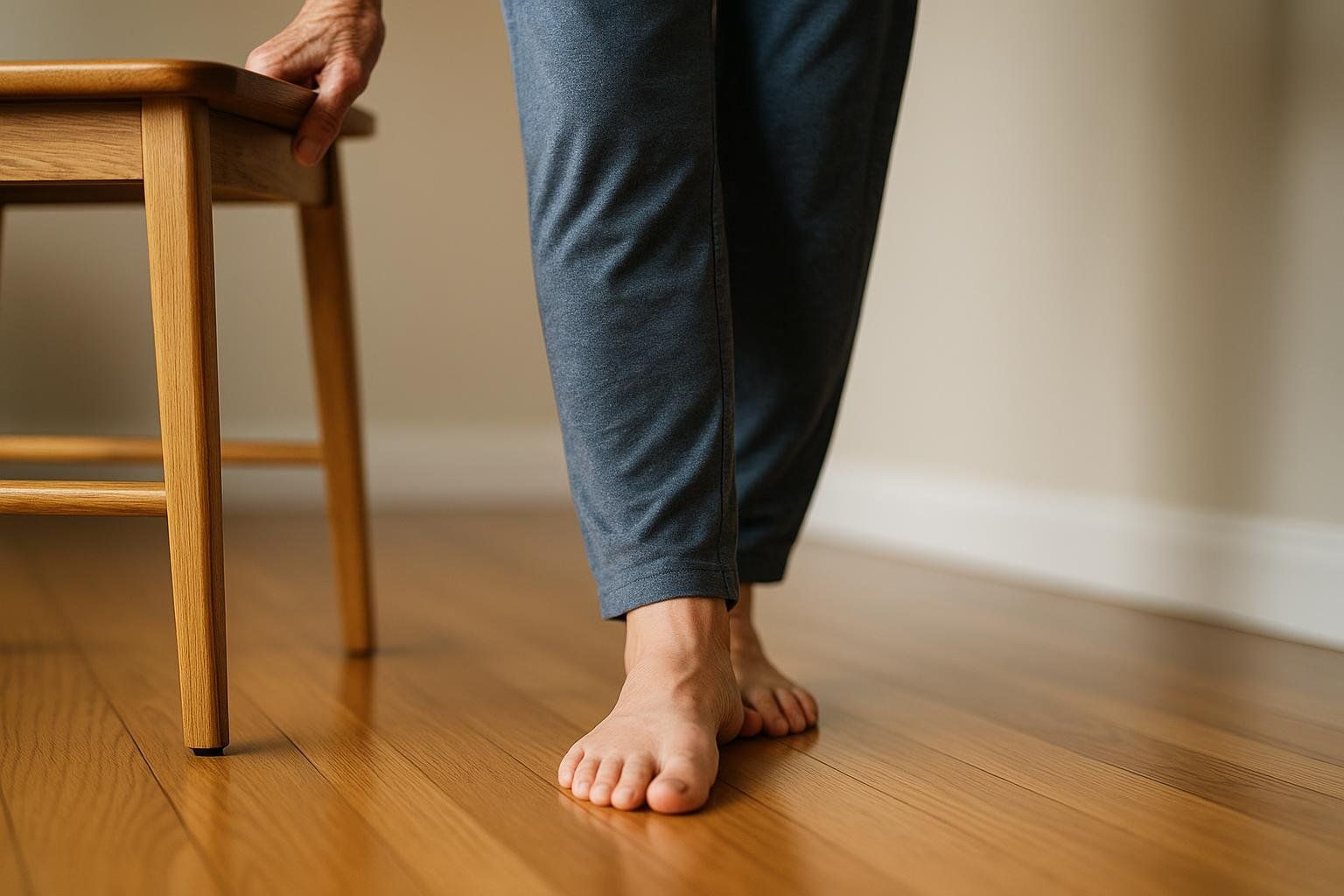 An older person's bare feet are shown in a heel-to-toe stance on a wooden floor, while a hand grasps a wooden chair for balance as a fall prevention exercise.
