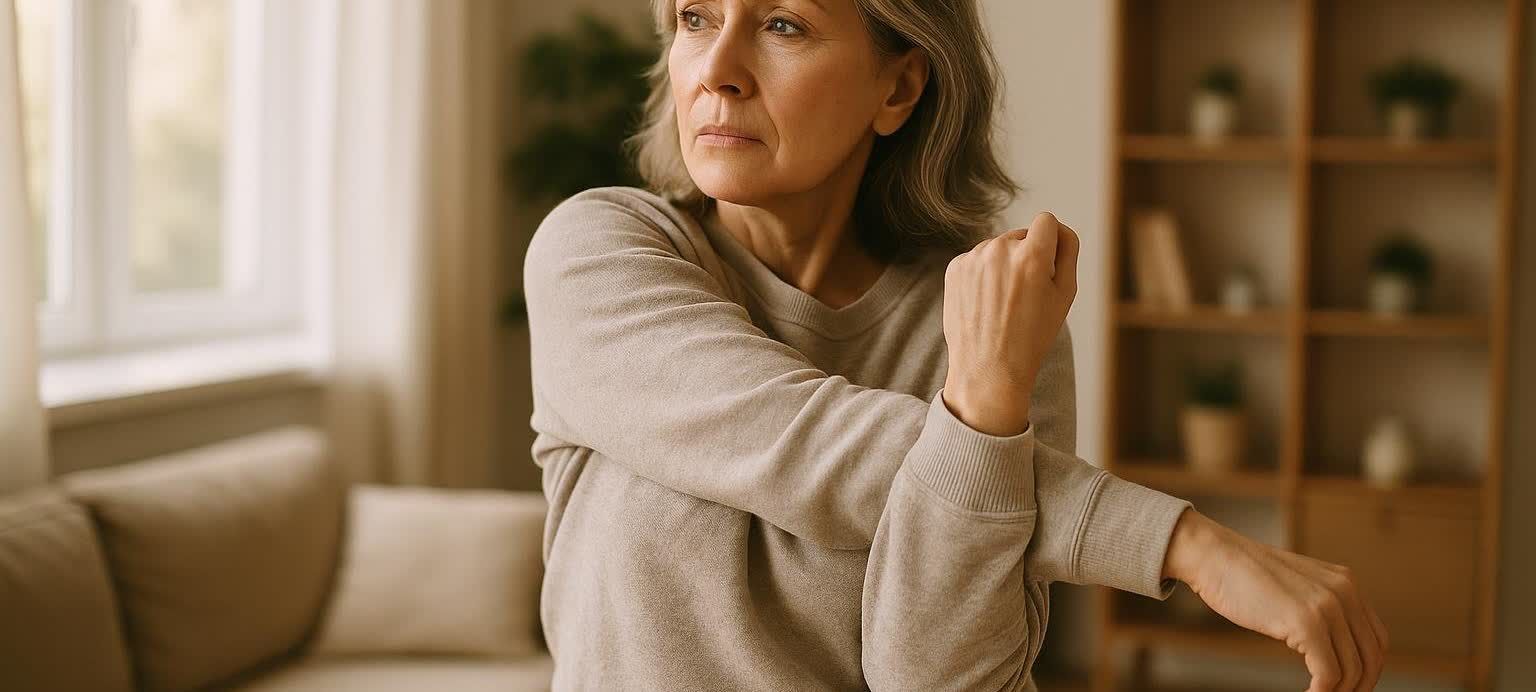 A middle-aged woman with grey hair practices a gentle shoulder stretch in her home. She is wearing a light-colored long-sleeve shirt and has a focused expression, looking to the side.