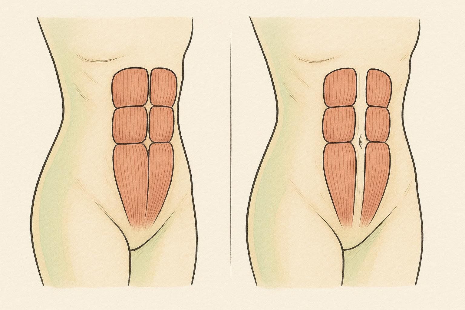 An illustration comparing normal abdominal muscles (left) to muscles with diastasis recti (right), showing the separation down the midline.