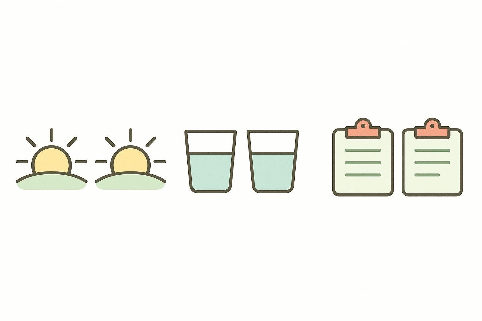 A row of three pairs of identical icons: two suns rising over hills, two half-filled water glasses, and two clipboards with documents, representing consistency.