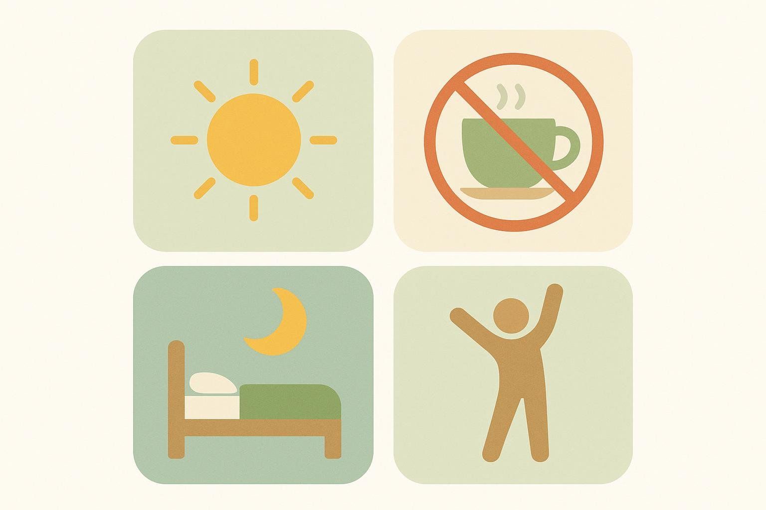 An illustration showing four icons for good sleep hygiene: morning sun, no caffeine, a dark bedroom, and a wind-down routine.