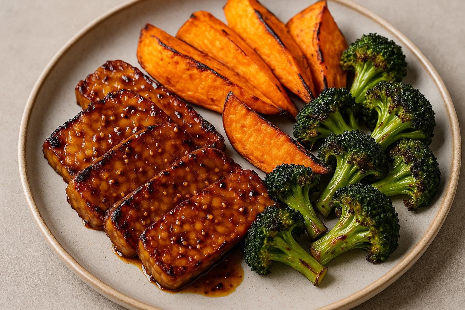 A plate of maple-mustard glazed tempeh slices, roasted sweet potato wedges, and roasted broccoli florets.
