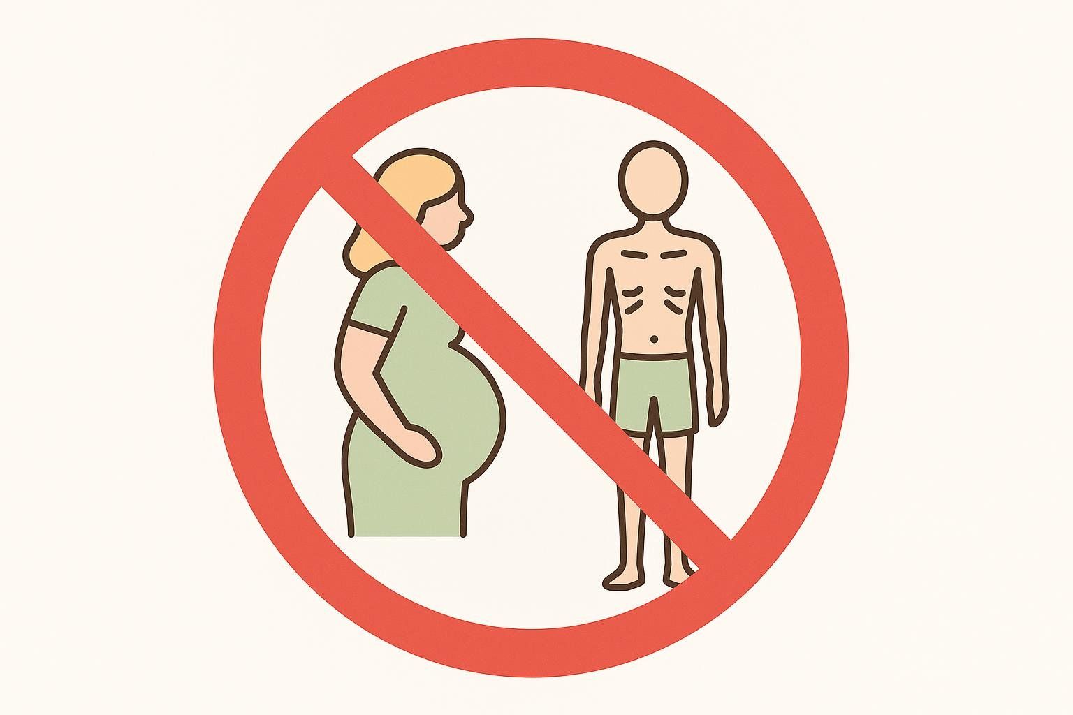 A clear warning graphic showing icons for a pregnant woman and an underweight person inside a red prohibited circle and slash, indicating that certain activities are not recommended for these individuals.