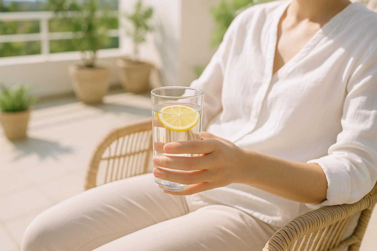 A person in a white shirt and light-colored pants sits in a wicker chair on a sunny patio, holding a glass of water with a lemon slice in it.