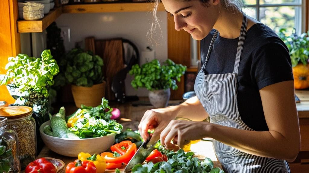 A woman in a striped apron chops various vegetables on a cutting board in a sunlit kitchen. A bowl of greens, bell peppers, and jars of grains are visible.