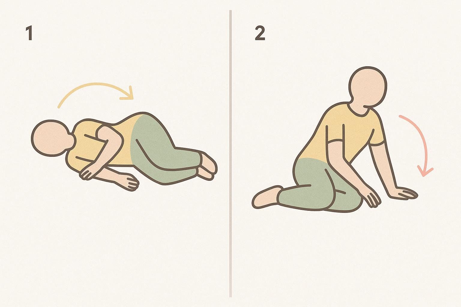 A two-panel illustration demonstrating how to safely log-roll out of bed. Panel 1 shows a person lying on their side, with an arrow indicating a log-roll movement. Panel 2 shows the person now sitting up with their hands on the floor, with an arrow indicating a downward movement.