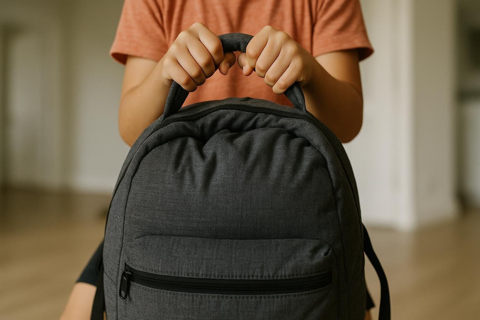 A close-up of a child's hands gripping the top handle of a grey backpack, which appears to be full and heavy. The child is wearing an orange t-shirt.