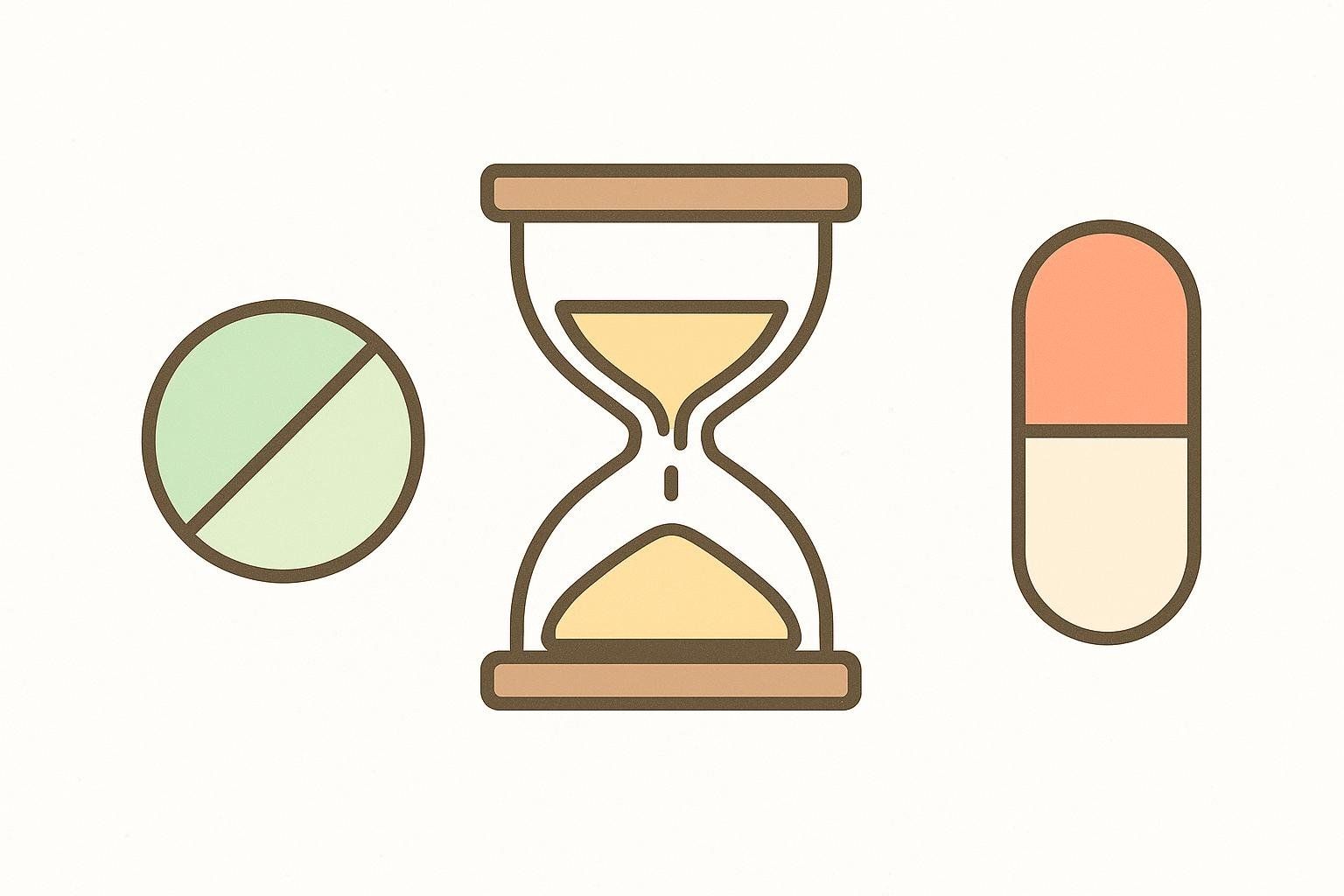 An icon showing a green pill with a diagonal line through it, an hourglass, and a two-toned capsule, illustrating the importance of timing for drug interactions.