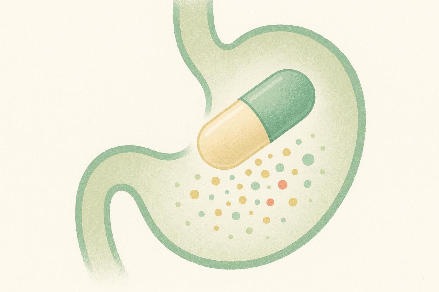 Illustration of oral medication absorption in the digestive tract.