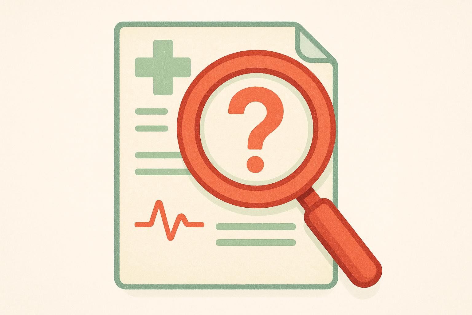 An illustration showing a red magnifying glass hovering over a medical report which displays a green cross, lines resembling text, and a red heartbeat line. A large red question mark is visible within the magnifying glass, symbolizing investigation  or uncertainty in medical diagnoses.