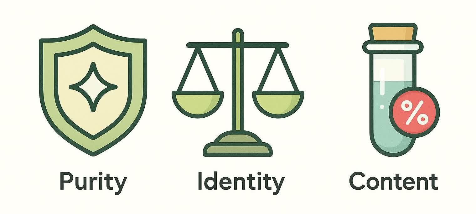 Three illustrations representing peptide quality control. From left to right: a shield with a star inside for 'Purity', a balance scale for 'Identity', and a test tube with a percentage sign for 'Content'.