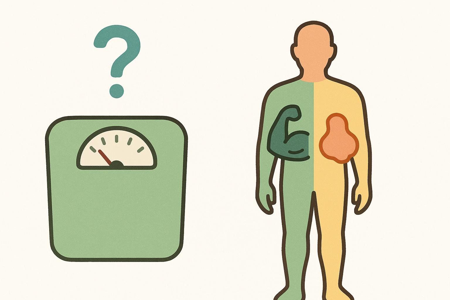 An illustration showing a green weight scale with a question mark above it, contrasting with a depiction of a human body split into green (muscle represented by a flexing arm) and yellow (fat represented by an amorphous blob) sections. This image highlights the difference between a simple weight measurement and a detailed body composition analysis regarding muscle and fat.