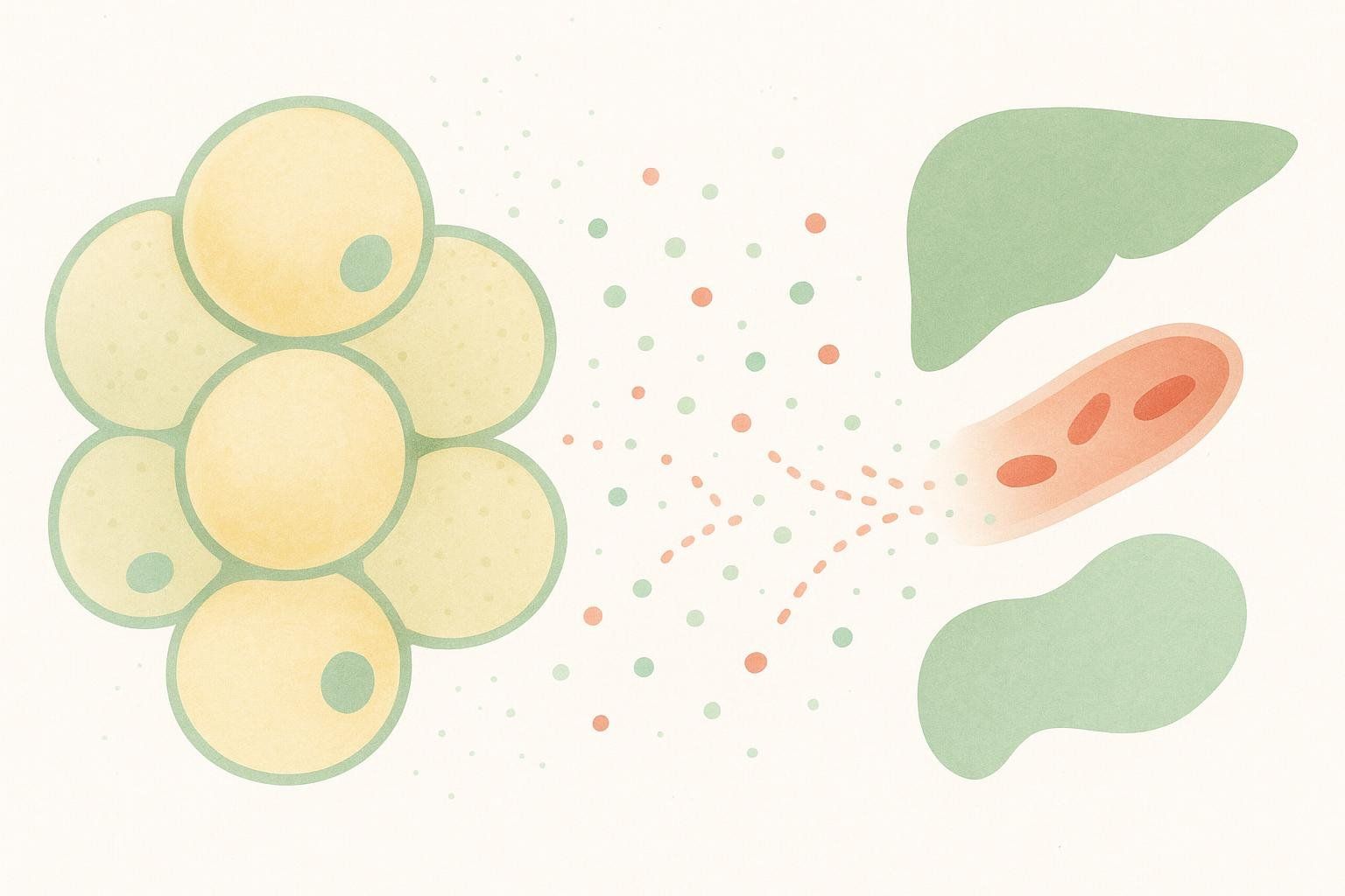 Illustration showing visceral fat cells releasing inflammatory signals that travel towards the liver and a blood vessel, impacting metabolic health.