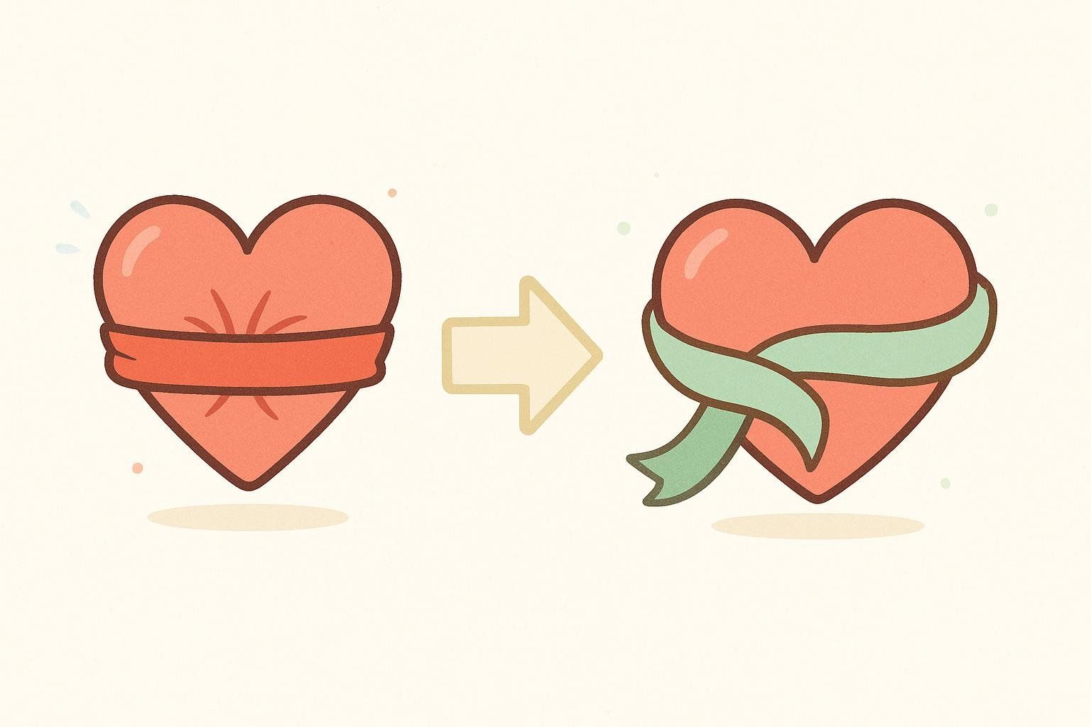 Illustration showing a red heart originally constricted by a tight red band, then transforming into a relaxed heart gently wrapped with a loose green ribbon, symbolizing lowered blood pressure and improved heart health.