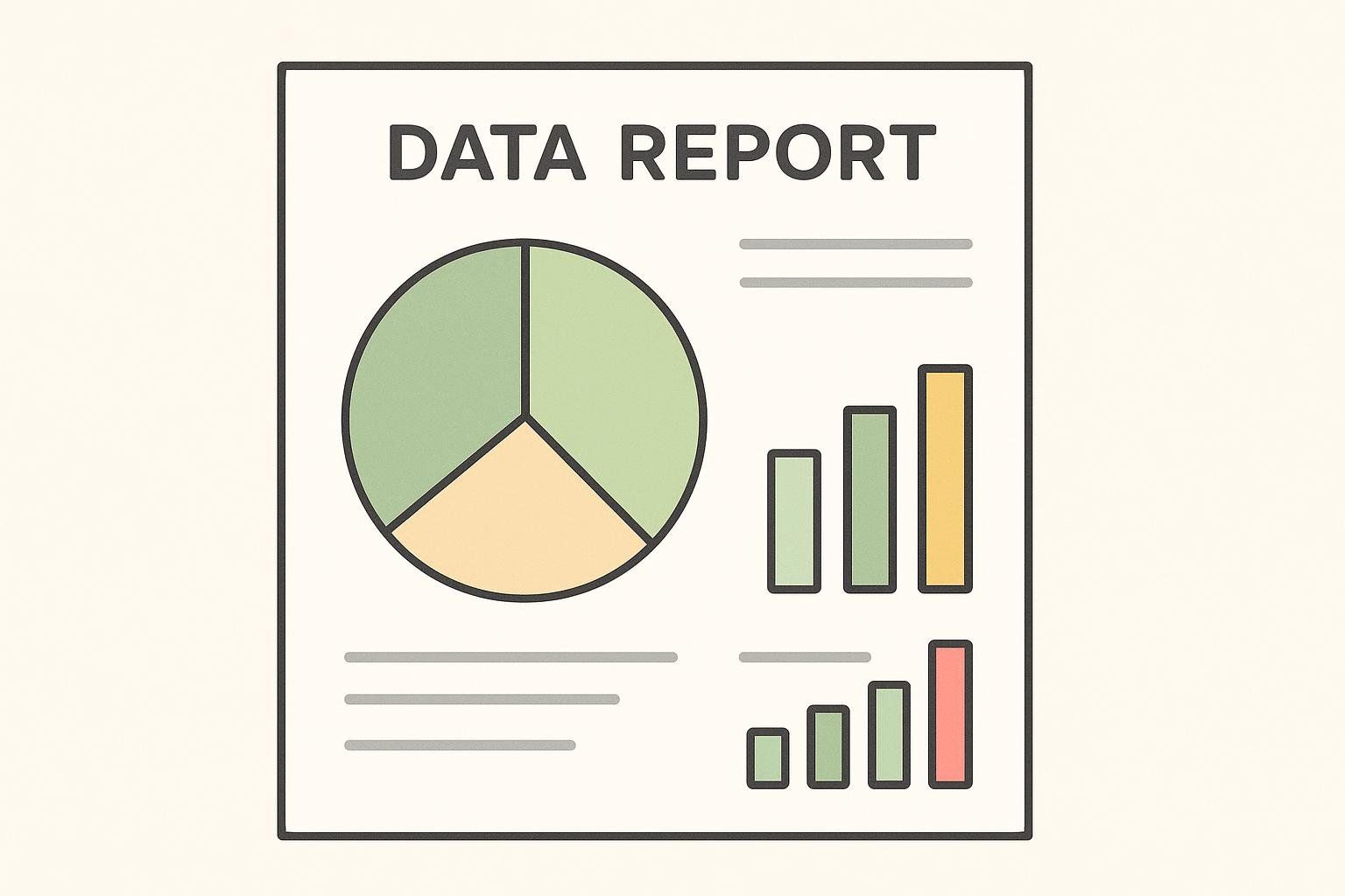 An illustration of a data report displayed on a sheet of paper. The report includes a pie chart with green and beige sections on the left, and two sets of bar graphs with varying heights in shades of green, yellow, and red on the right. The title 'DATA REPORT' is at the top of the page, and grey lines indicate additional text or data fields.