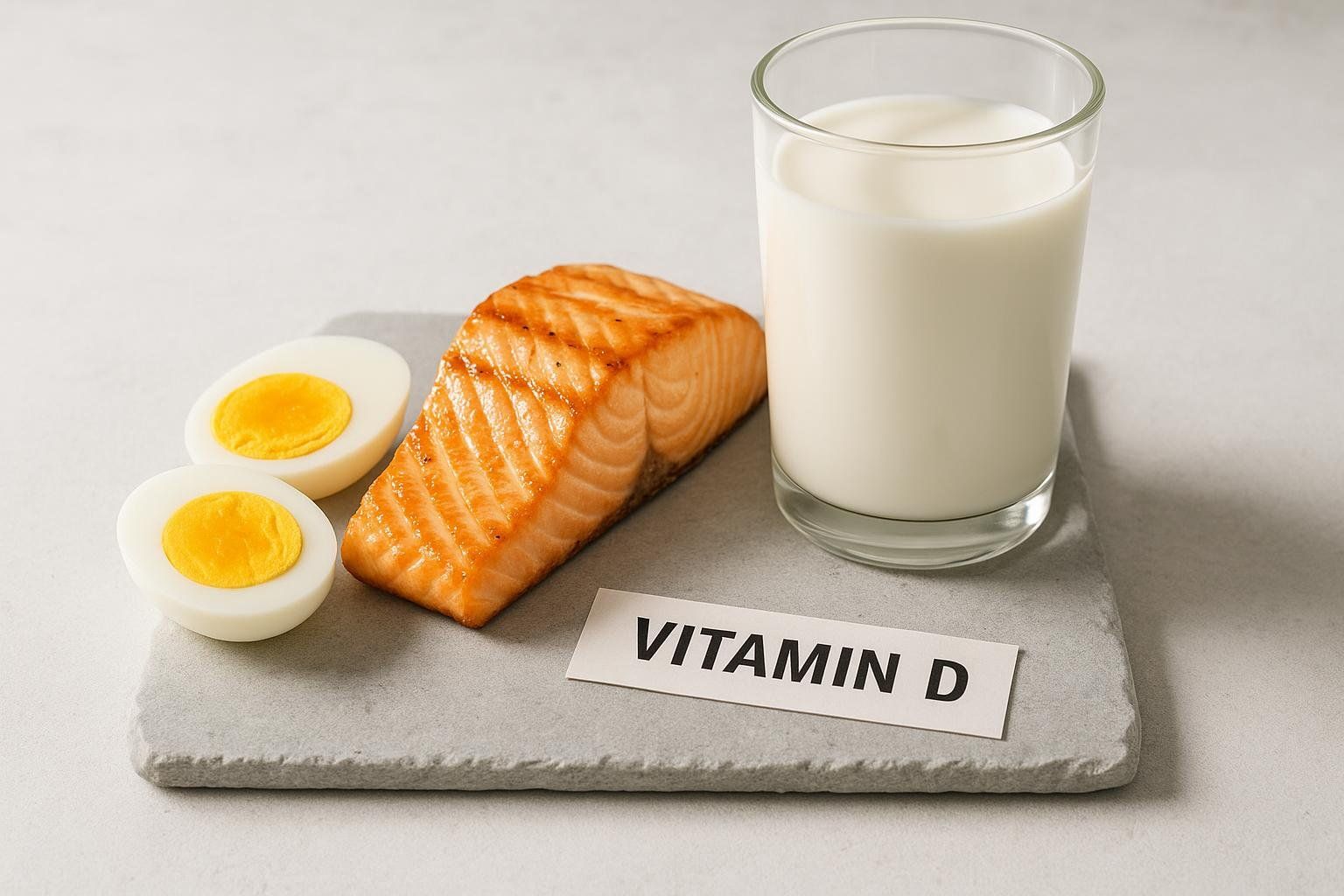 Food sources of Vitamin D, including salmon, egg yolks, and fortified milk, arranged on a slate platter.