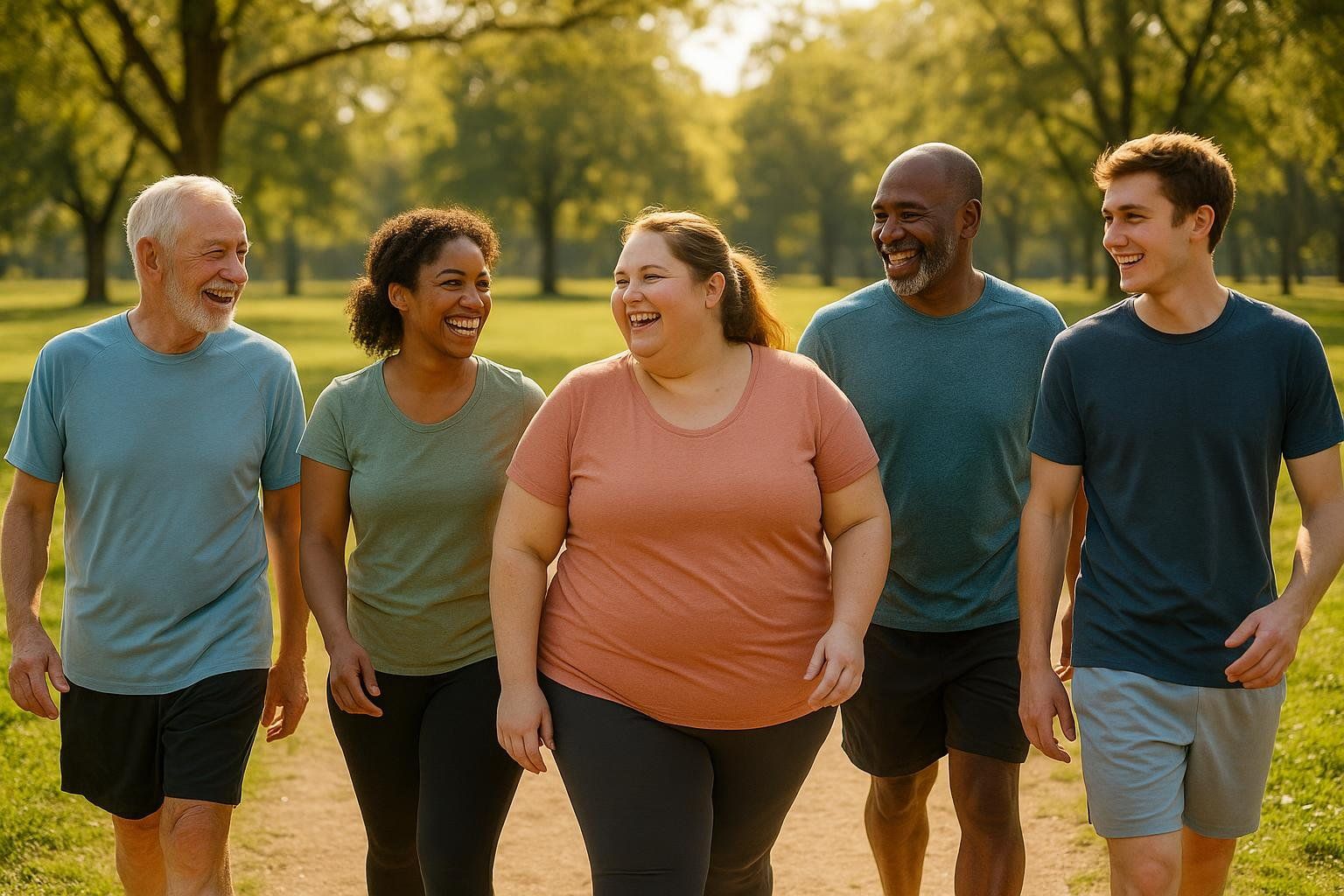 A diverse group of five smiling people of various ages and body types walking together in a sunny park with green trees and grass.
