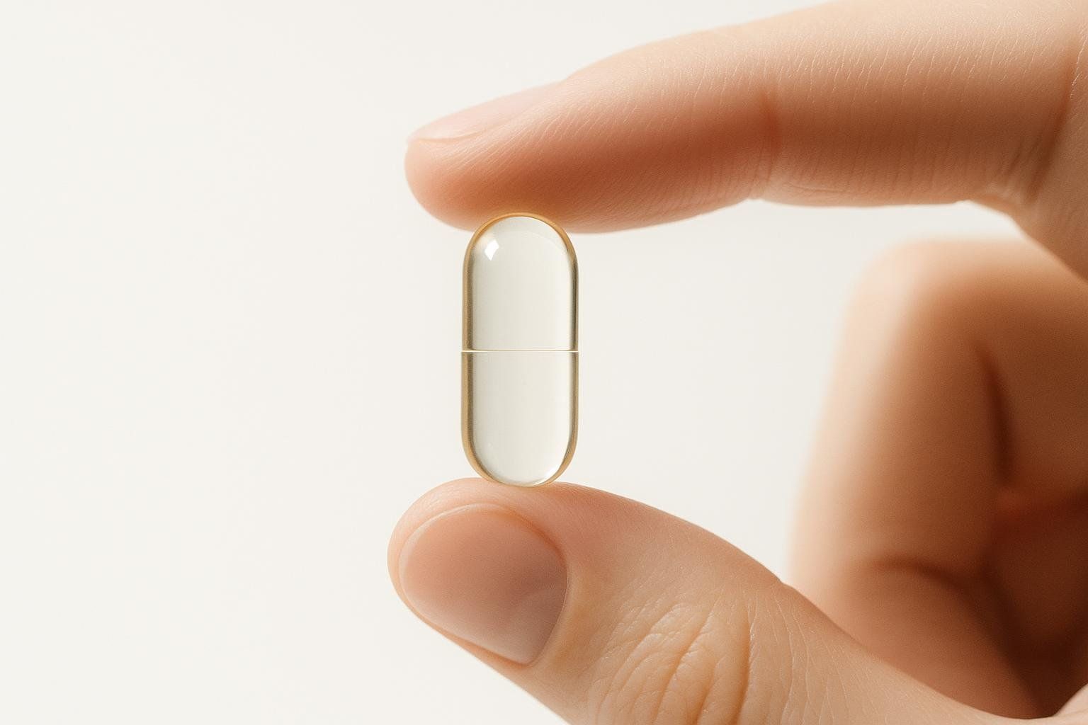 A close-up of a person's hand meticulously holding a single, clear, elongated supplement capsule between their thumb and index finger, set against a plain white background.
