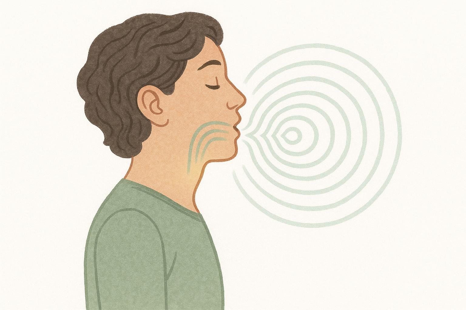 An illustration showing a person's profile with vibrations near the throat and coming from the mouth, symbolizing humming or vocal sounds.
