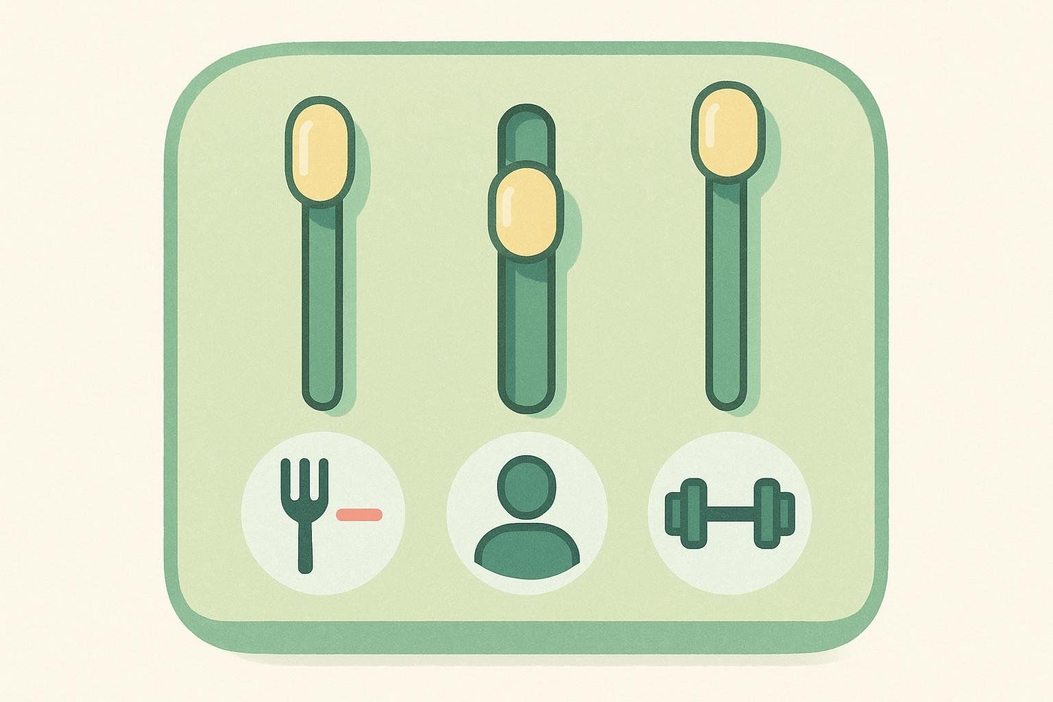 Illustration depicting three control levers with icons underneath, representing factors in weight loss: a fork with a minus sign (calorie deficit), a person icon (body size/metabolism), and a dumbbell (activity level).