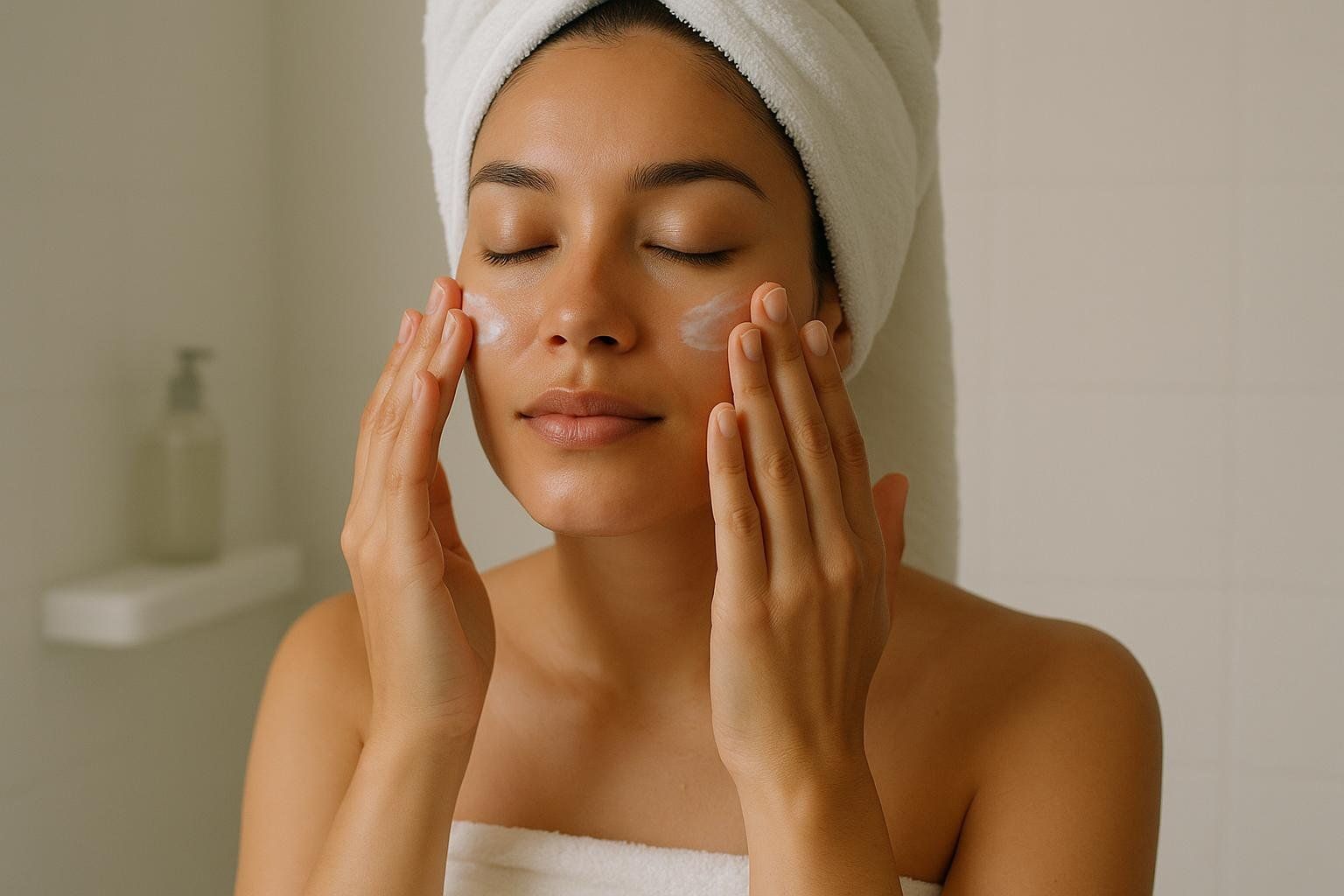 A person applies moisturizer to their calm, hydrated skin, as part of a skincare ritual involving a hydrogen bath.