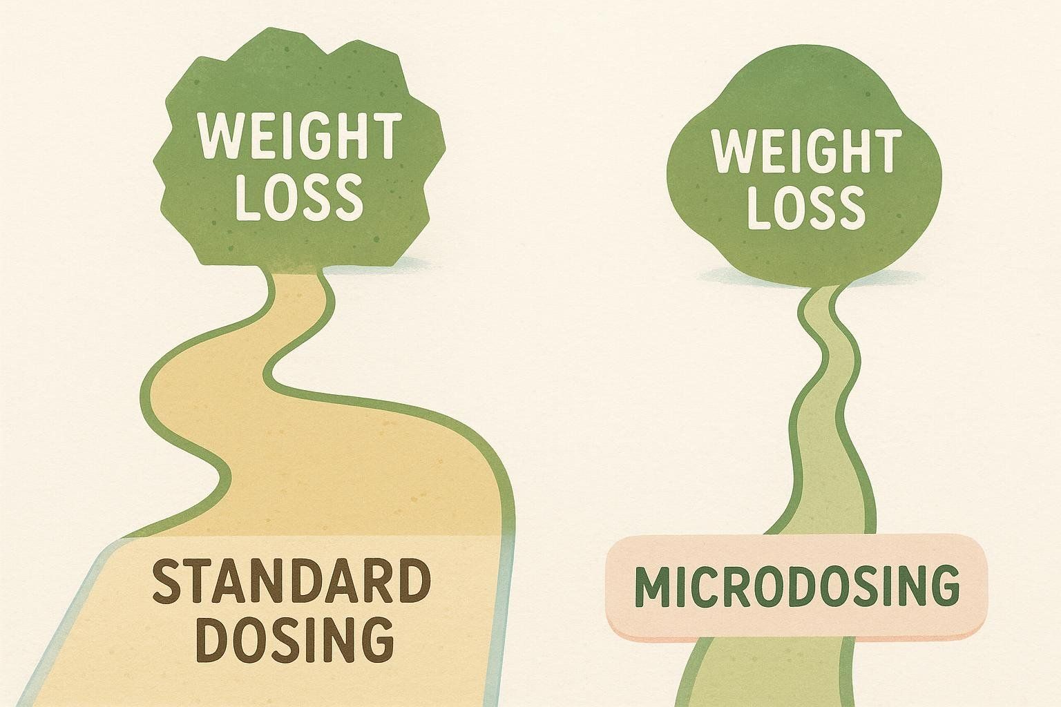 Stylized illustration comparing two paths: standard Ozempic dosing versus microdosing, showing different theoretical outcome profiles towards weight loss.