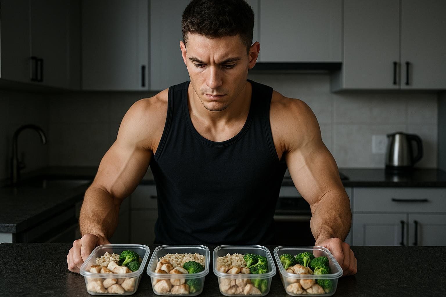 A muscular man in a black tank top looks intently at four clear meal prep containers filled with chicken, quinoa, and broccoli, laid out on a dark kitchen counter. The man is contemplating his prepared healthy meals.